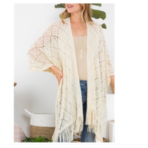 Bohemian Chic Crochet Fringe Swim Coverup Kimono Wrap Robe Sweater Sleeves OSFM - Picture 5 of 7